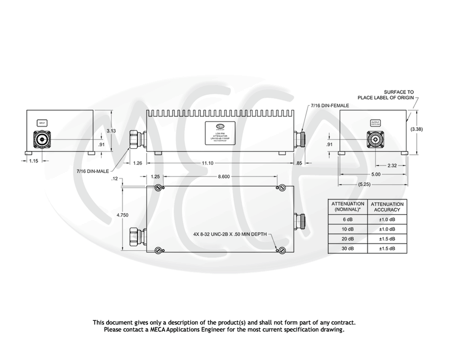 LPA100-30-11WWP Low PIM Fixed Attenuator 7/16 DIN Male/Female connectors drawing