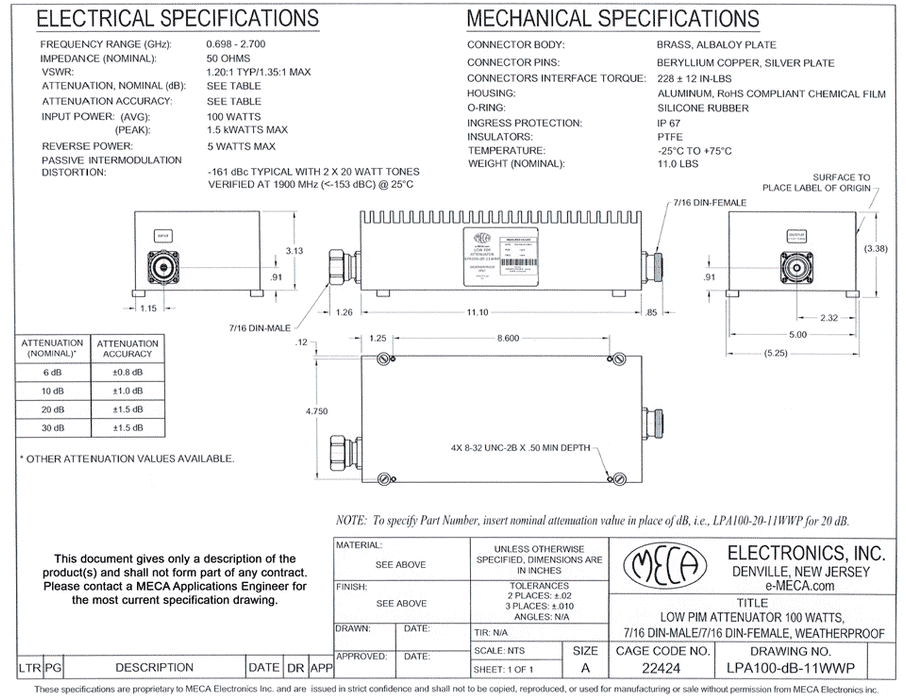 LPA100-20-11WWP Low PIM Fixed Attenuators electrical specs
