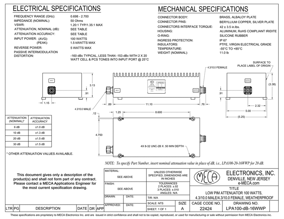 LPA100-10-16WWP Low PIM RF Attenuator electrical specs