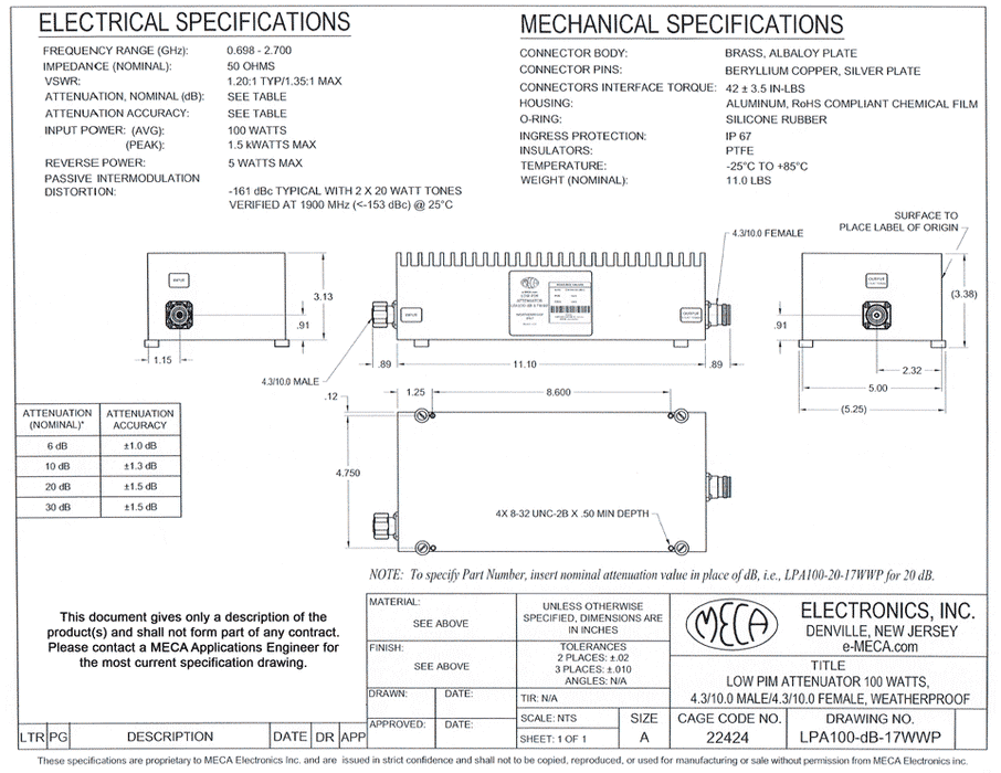 LPA100-10-17WWP Low PIM RF Attenuators electrical specs