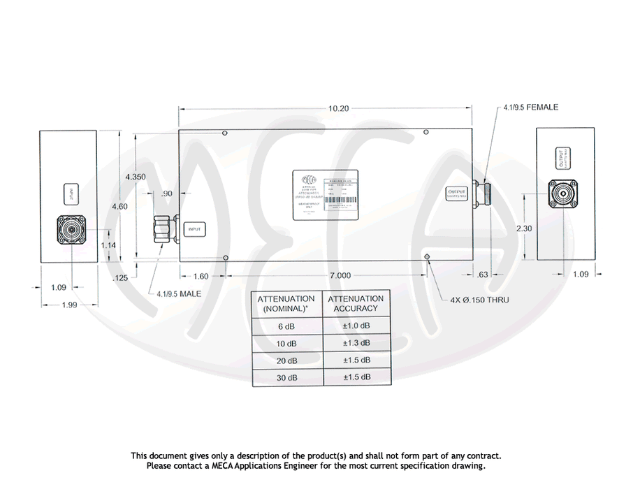 LPA50-30-14WWP Low PIM RF Attenuators 4.1/9.5 Male/Female connectors drawing