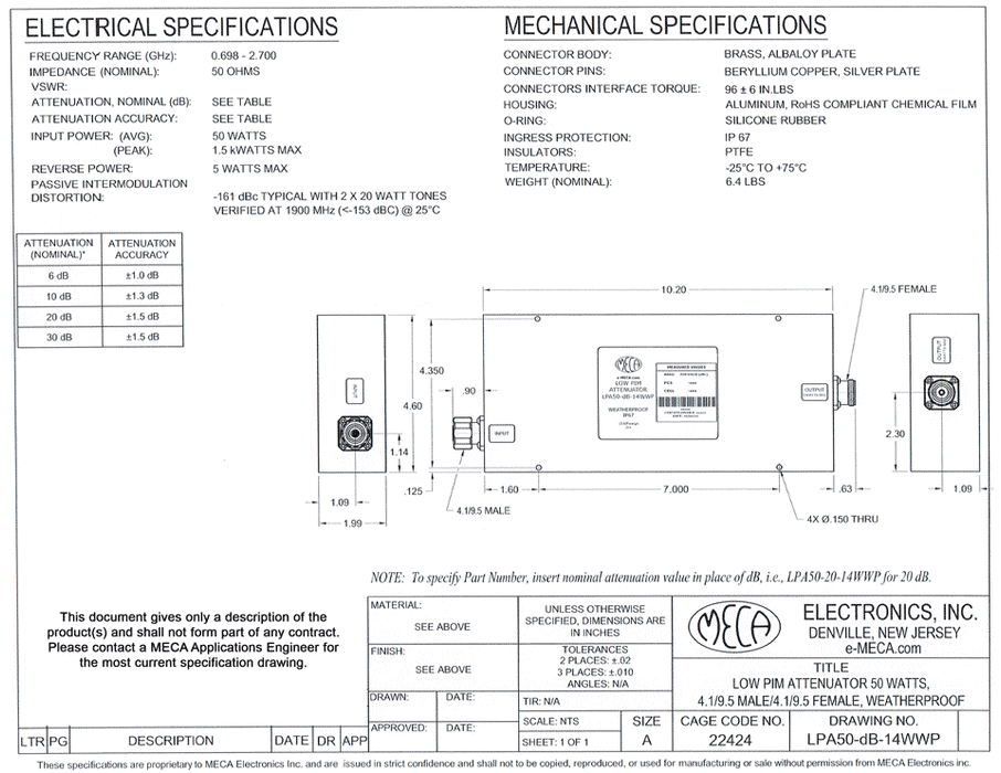 LPA50-30-14WWP Low PIM Attenuator electrical specs