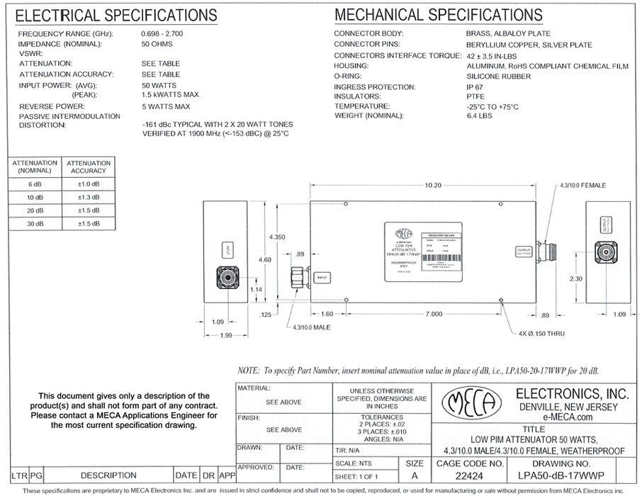 LPA50-30-17WWP Low PIM Fixed Attenuator electrical specs