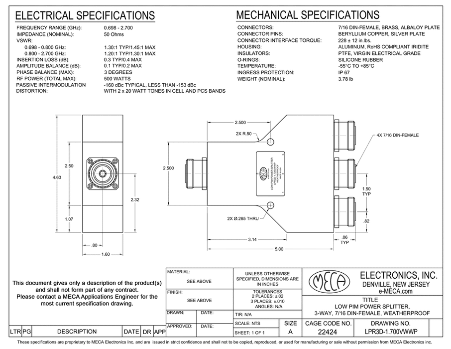 LPR3D-1.700VWWP Low PIM 2-way Power Splitter electrical specs 7/16 DIN-Female