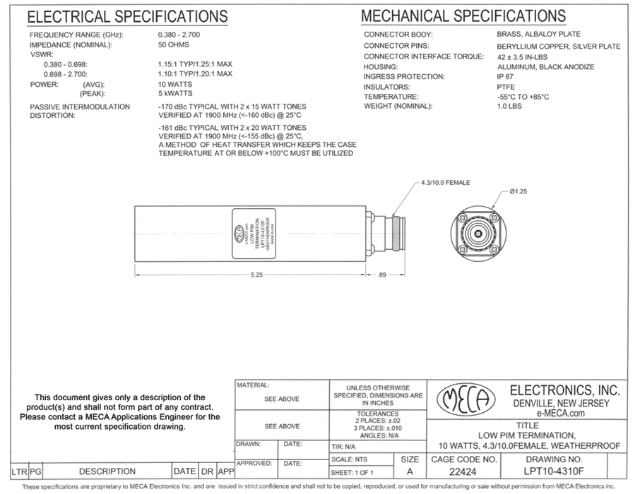 LPT10-4310F Low PIM 10 Watts Termination Splitter electrical specs