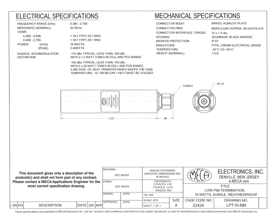 LPT10-NM Low PIM Termination electrical specs
