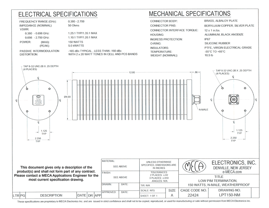 LPT150-NM 150W Low PIM Terminations electrical specs