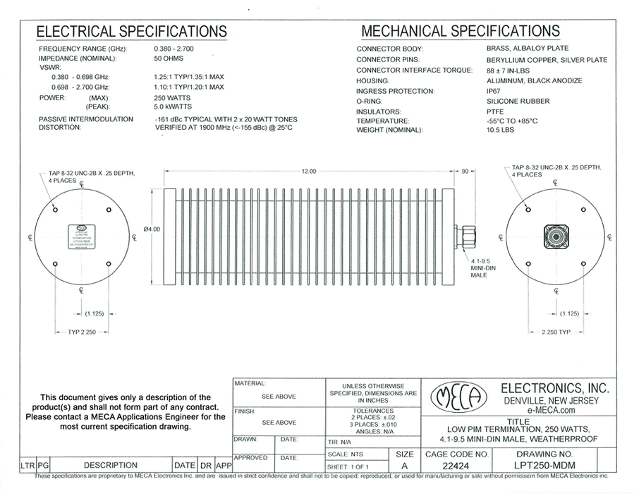 LPT250-MDM Low PIM RF Termination electrical specs