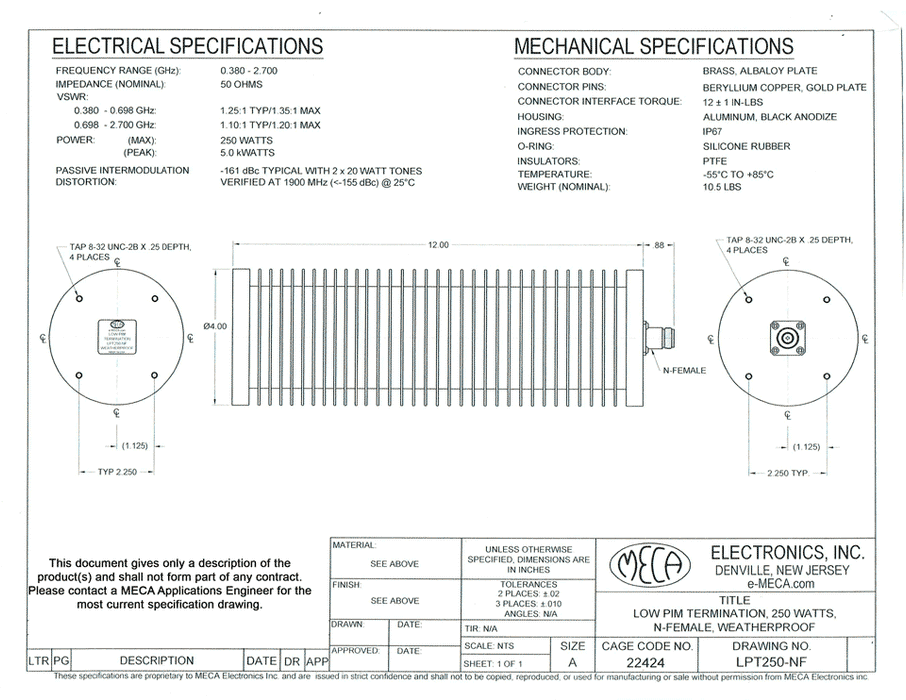 LPT250-NF Low PIM RF Termination electrical specs