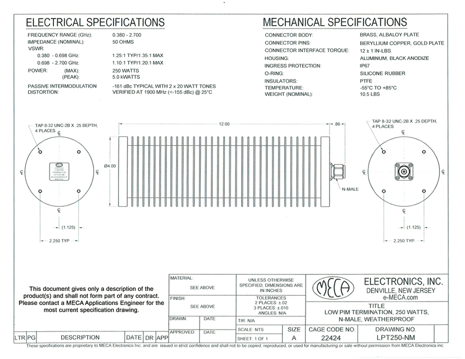 LPT250-NM Low PIM RF Terminations electrical specs