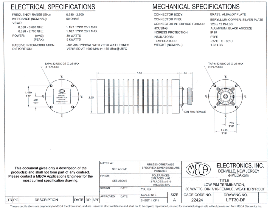 LPT30-DF 30W Low PIM Termination electrical specs
