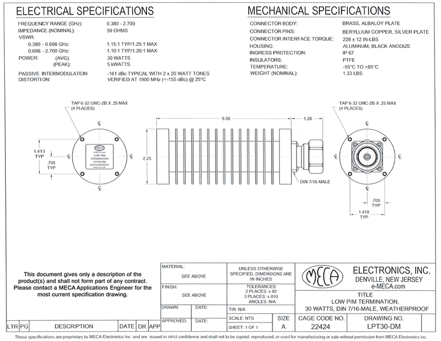 LPT30-DM Low PIM Terminations electrical specs