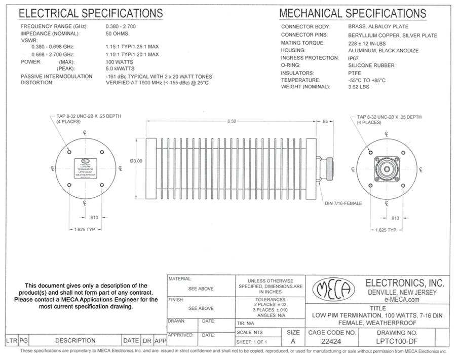 LPTC100-DF Low PIM Termination electrical specs