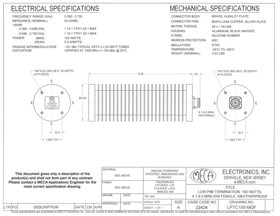 LPTC100-MDF Low PIM Termination Load electrical specs