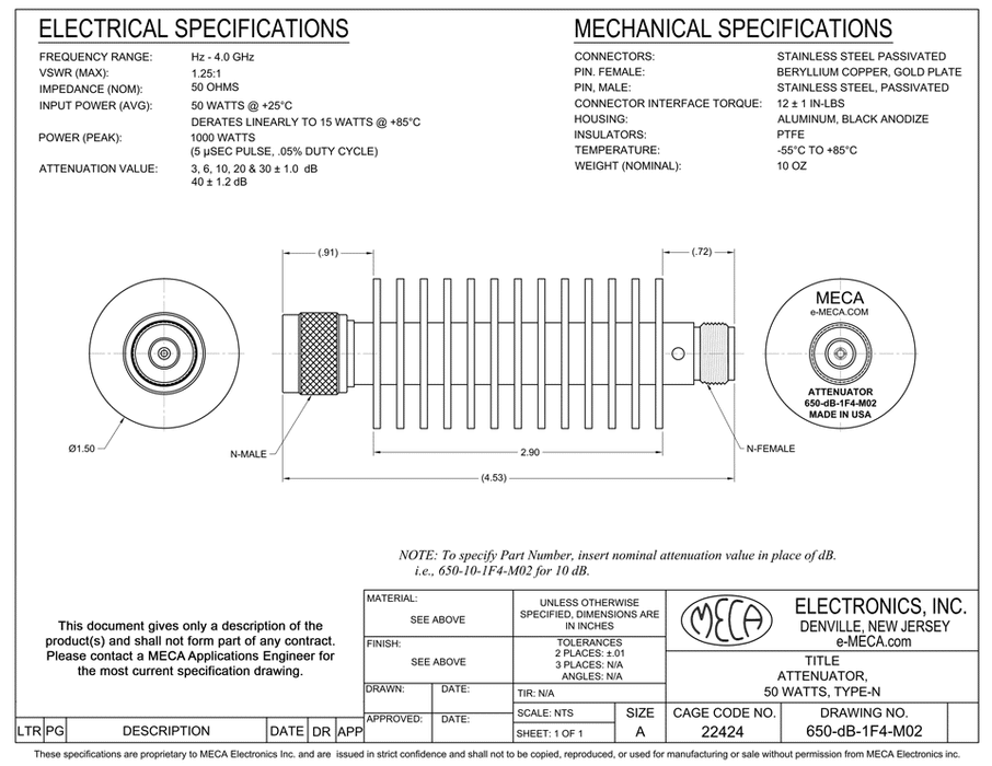 650-30-1F4-M02, 50 Watts, Hz-4.0 GHz