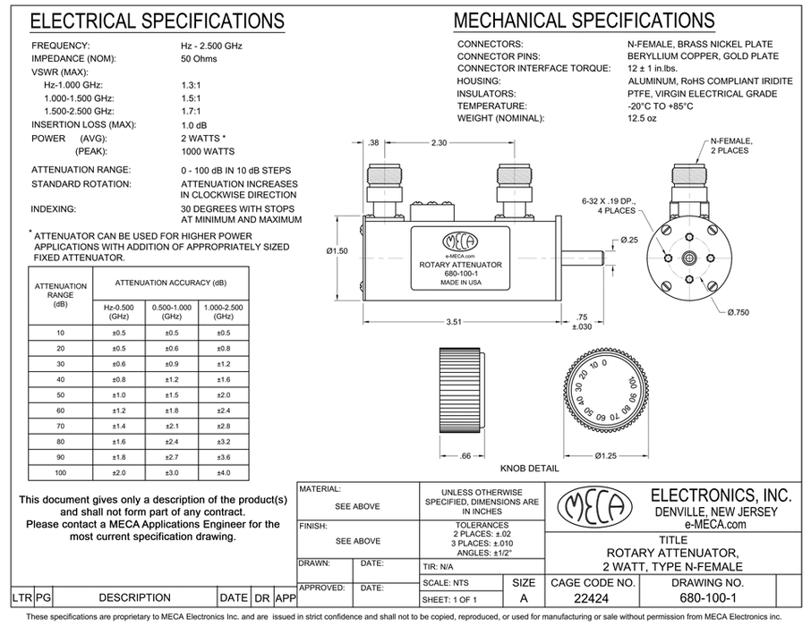 680-100-1, N-Female, 2 Watts, Hz-2.500 GHz