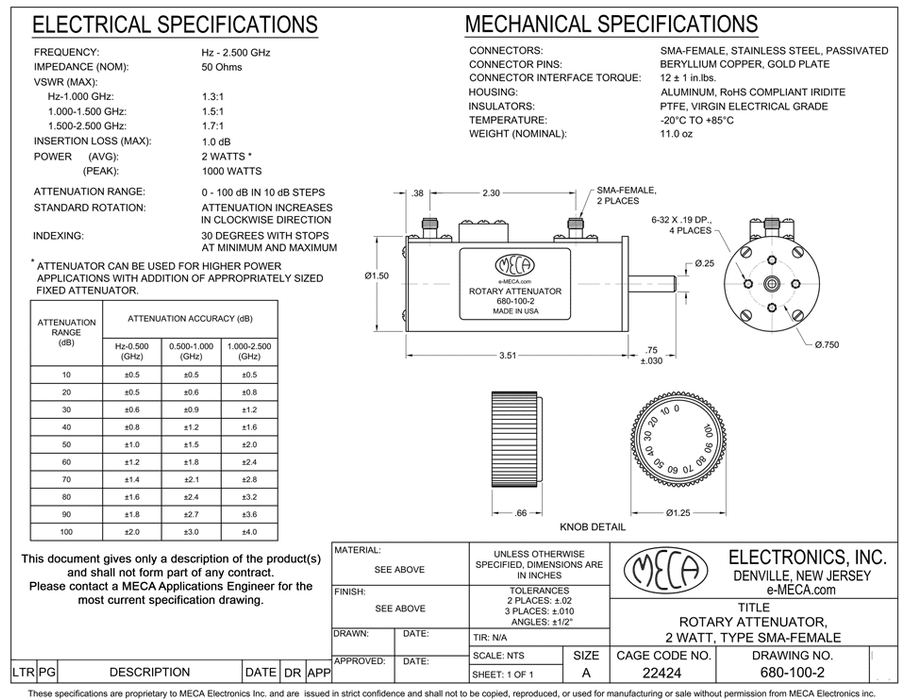 680-100-2, SMA-Female, 2 Watts, Hz-2.500 GHz