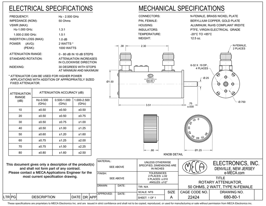 680-80-1, N-Female, 2 Watts, Hz-2.500 GHz