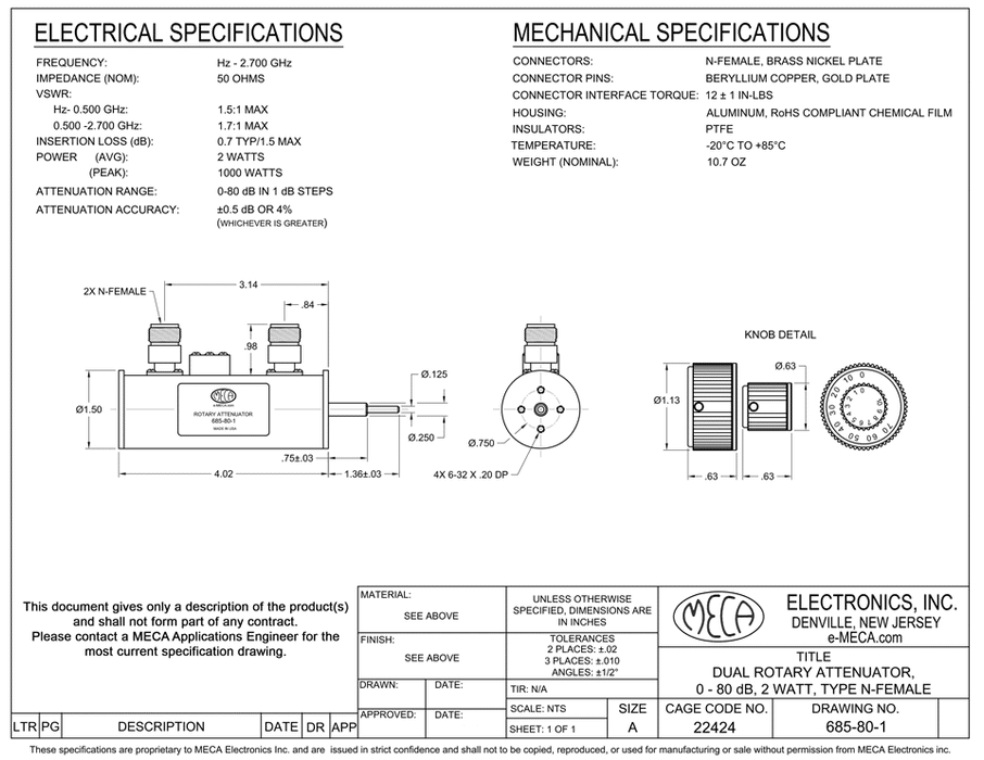 685-80-1, N-Female, 2 Watts, Hz-2.700 GHz