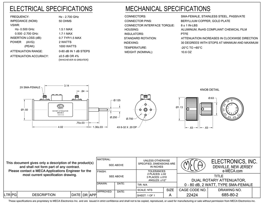 685-80-2, SMA-Female, 2 Watts, Hz-2.700 GHz