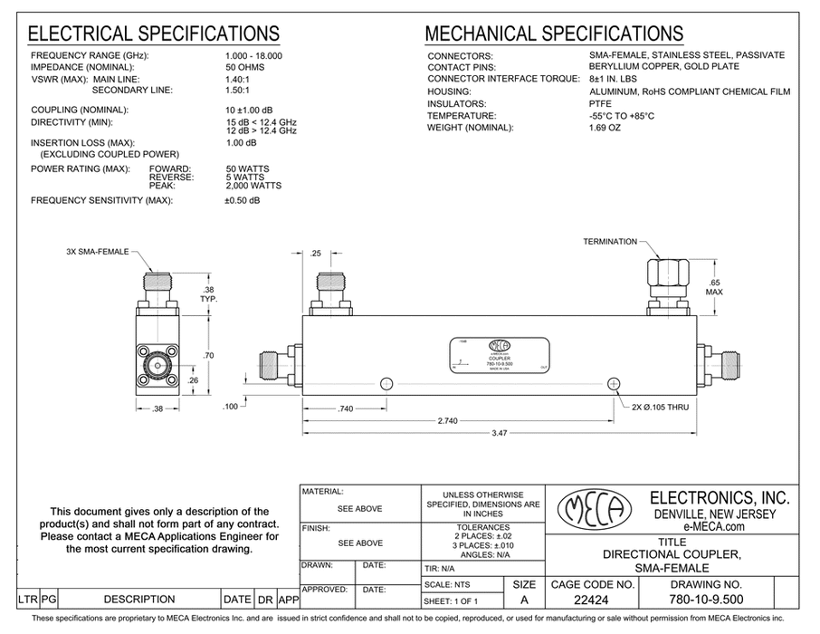 780-10-9.500 50-W RF Directional Coupler electrical specs
