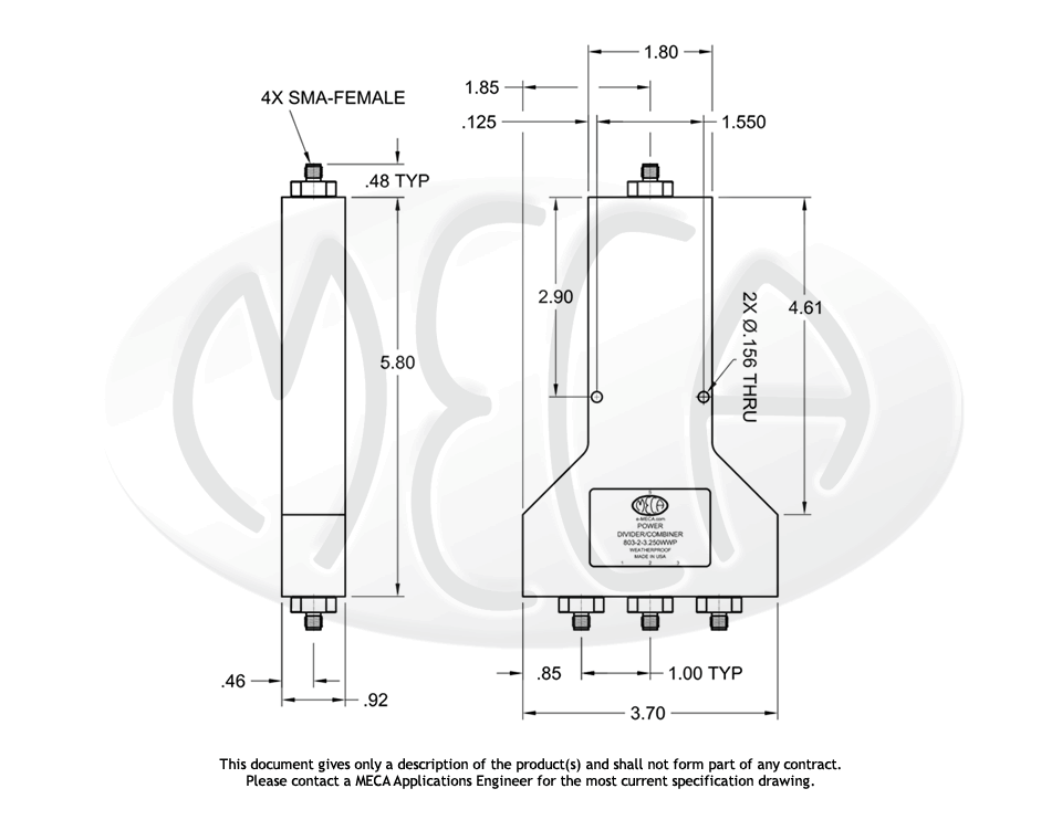 Power Divider, 803-2-3.250WWP, SMA-Female, 0.500-6.000 GHz — MECA ...
