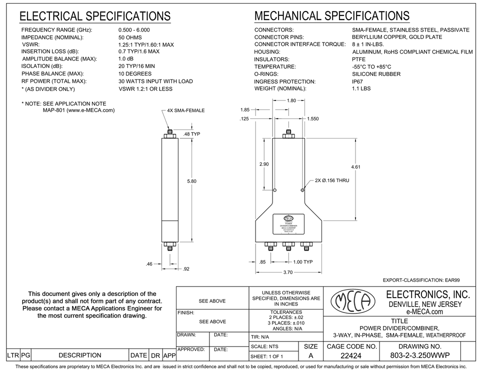 Power Divider, 803-2-3.250WWP, SMA-Female, 0.500-6.000 GHz — MECA ...