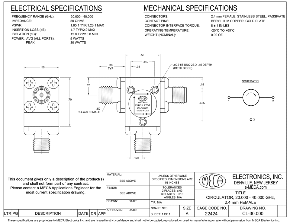 CL-30.000, 5 Watts, 2.4mm-Female, 20.0-40.0 GHz — MECA Electronics, Inc.