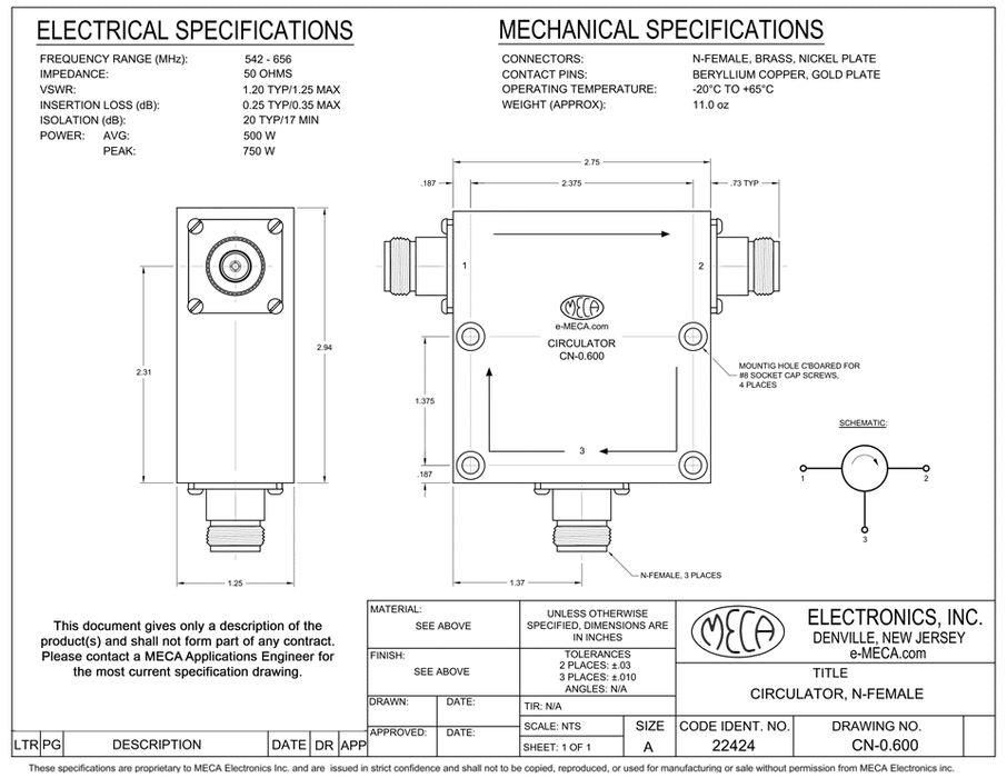 CN-0.600, 500 Watts, N-Female 542-656 MHz