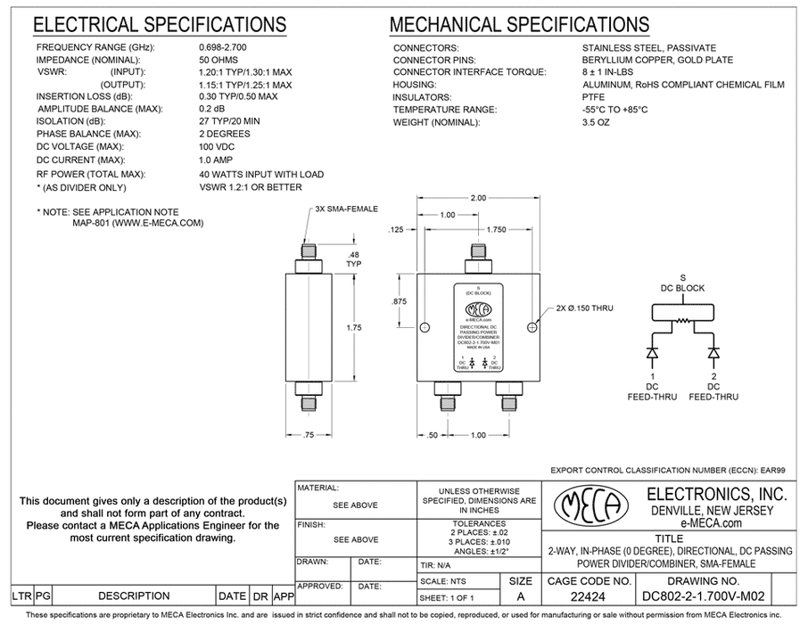 DC802-2-1.700V-M02, SMA-Female, 0.698 – 2.7 GHz