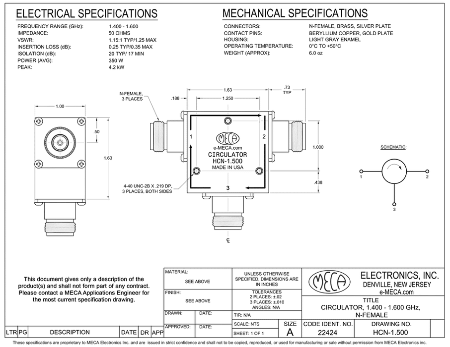 HCN-1.500, 350 Watts, N-Female 1.400-1.600 GHz