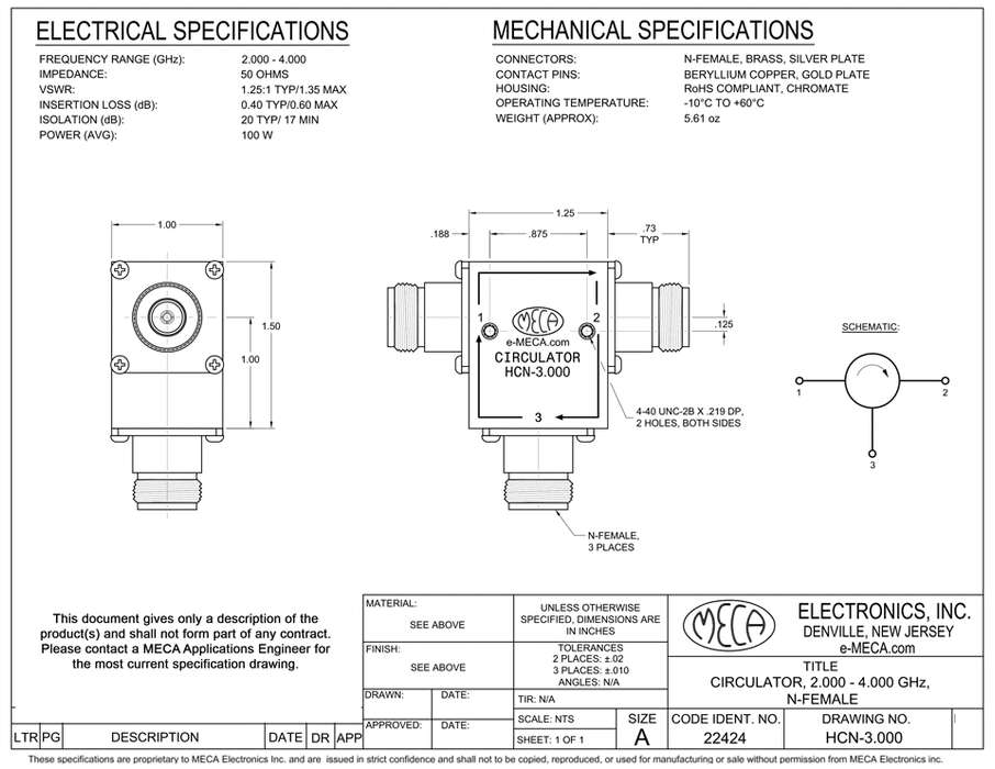 HCN-3.000, 100 Watts, N-Female 2.000-4.000 GHz