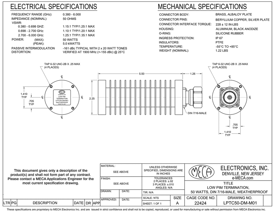LPTC50-DM-M01 50 Watts Low PIM Termination electrical specs