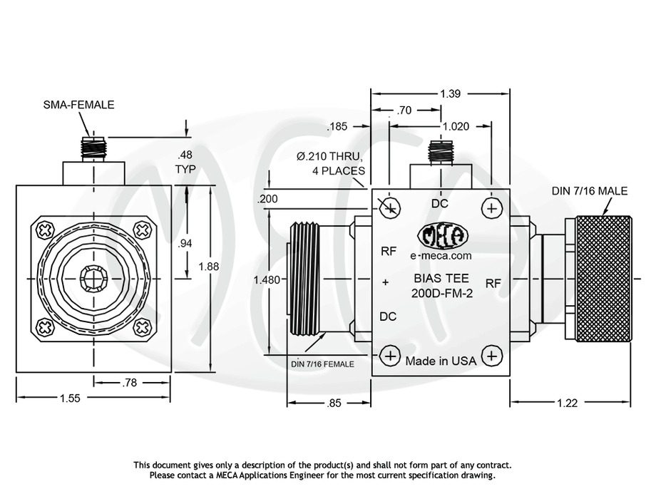 200D-FM-2 Bias Tees 7/16 DIN connectors drawing