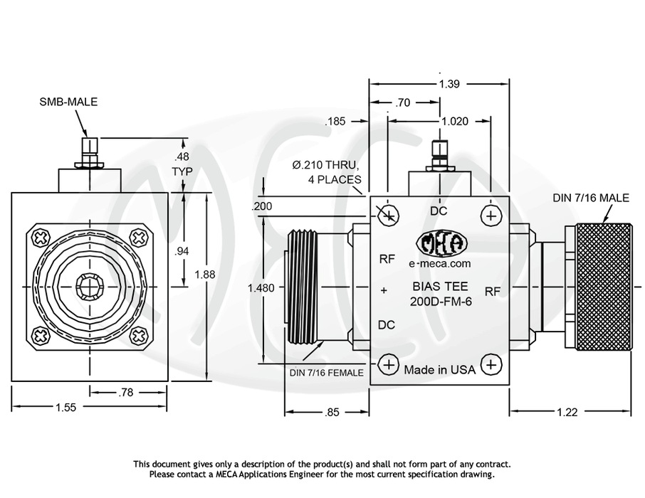 200D-FM-6 Bias Tee 7/16 DIN connectors drawing