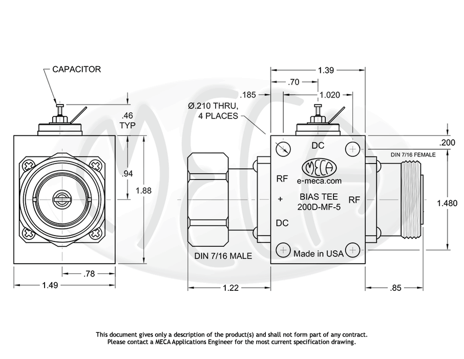 200D-MF-5 Bias Tee 7/16 DIN connectors drawing