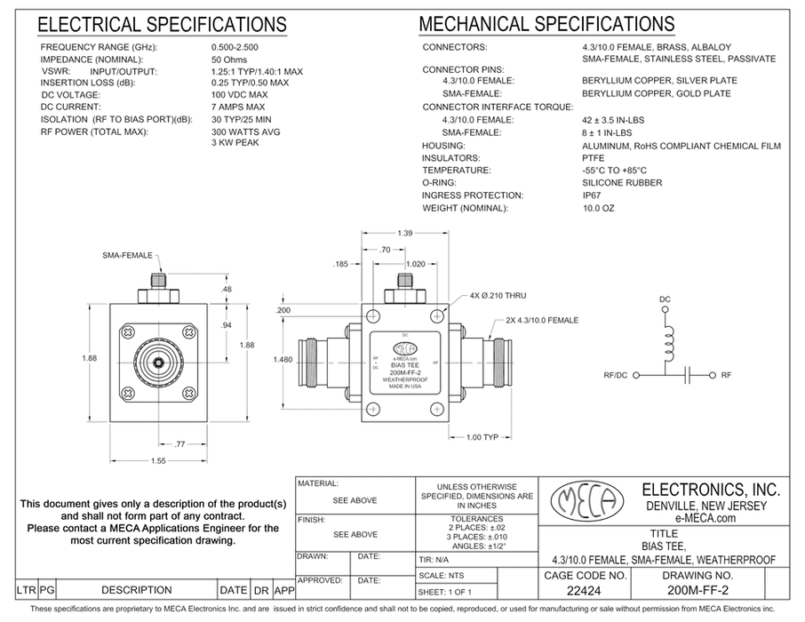 200M-FF-2 Bias Tee electrical specs