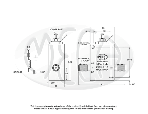 205S-FF-5 Bias Tee SMA-Female connectors drawing