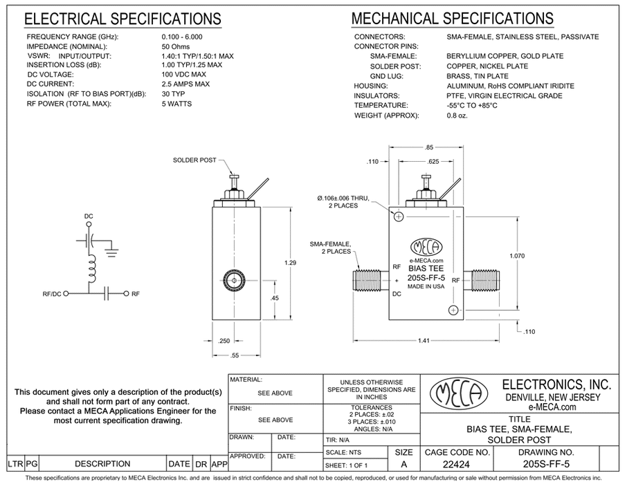 205S-FF-5 Bias Tee electrical specs