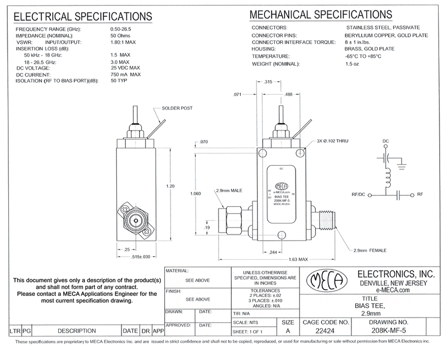 208K-MF-5 Bias Tees electrical specs