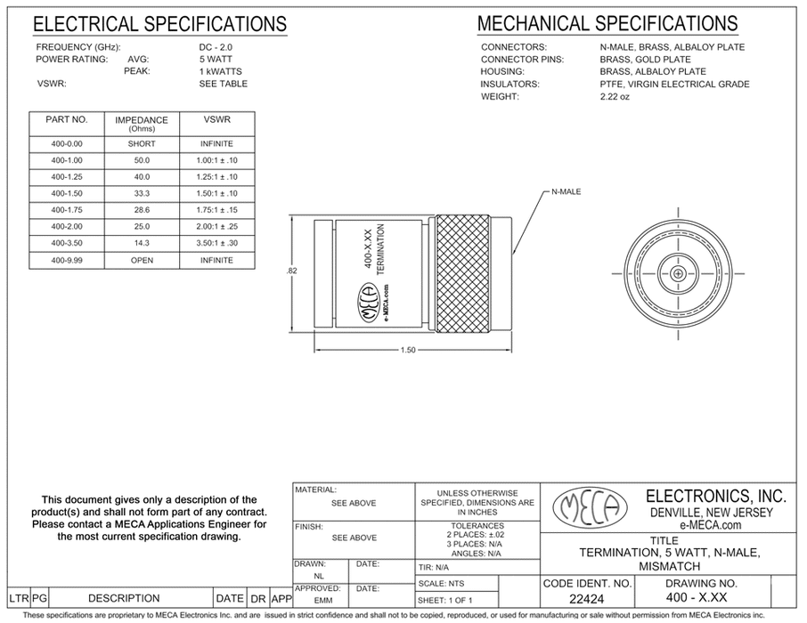 400-9.99 N-Male Terminations electrical specs