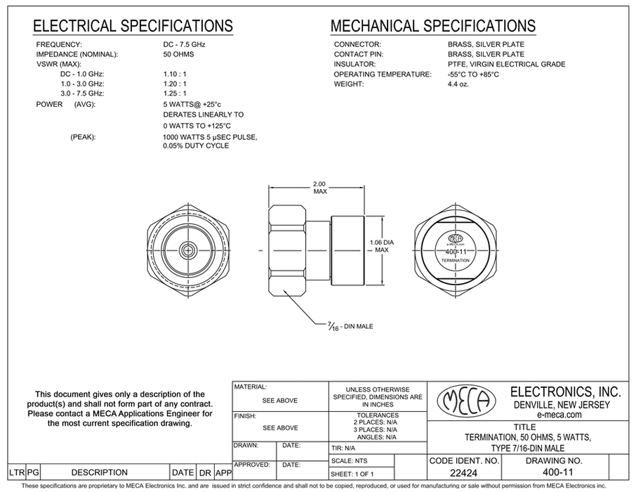 400-11 RF/Microwave Termination electrical specs