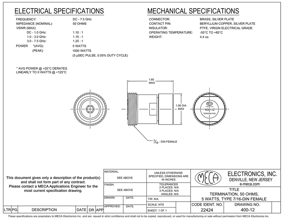 400-12 RF/Microwave Terminations electrical specs