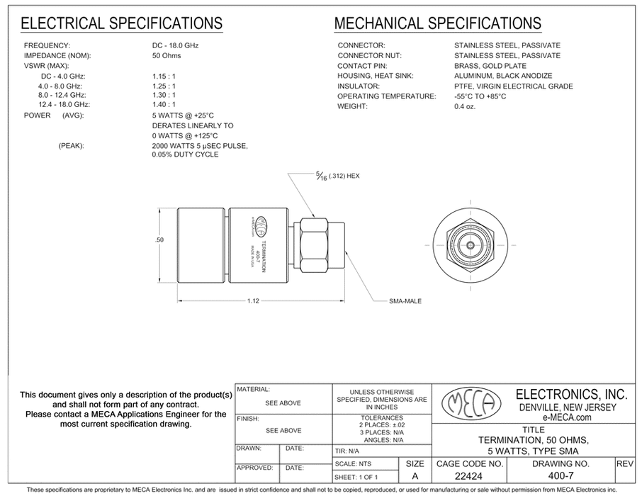 400-7 SMA Termination electrical specs