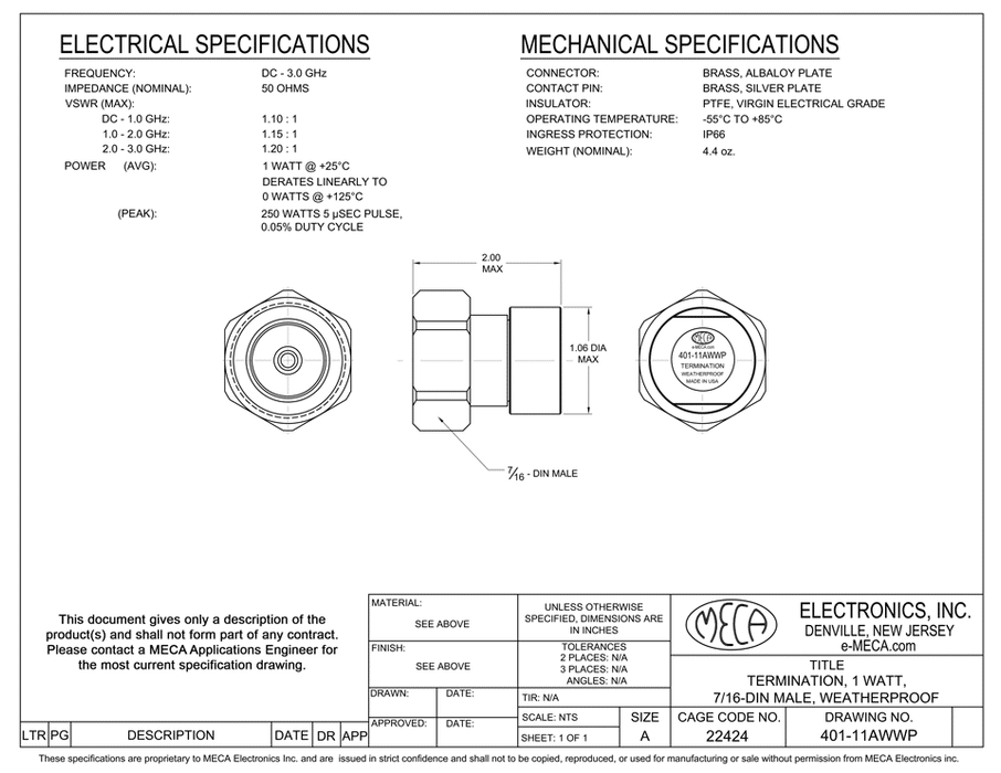401-11AWWP 7/16 DIN-Male RF Termination electrical specs