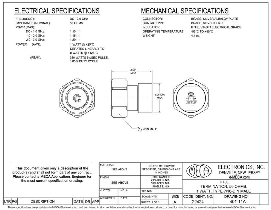 401-11A 7/16 DIN Terminations electrical specs