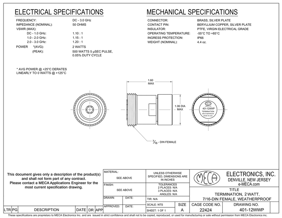401-12WWP 7/16 DIN Female Termination electrical specs