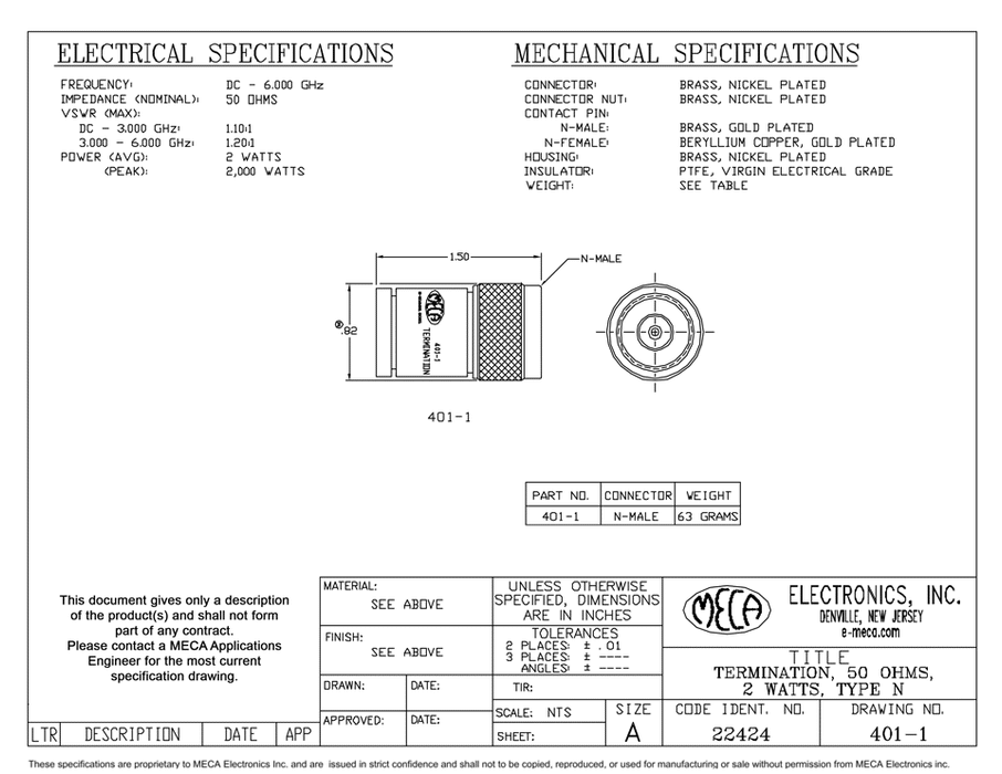 401-1 N-Type Terminations electrical specs