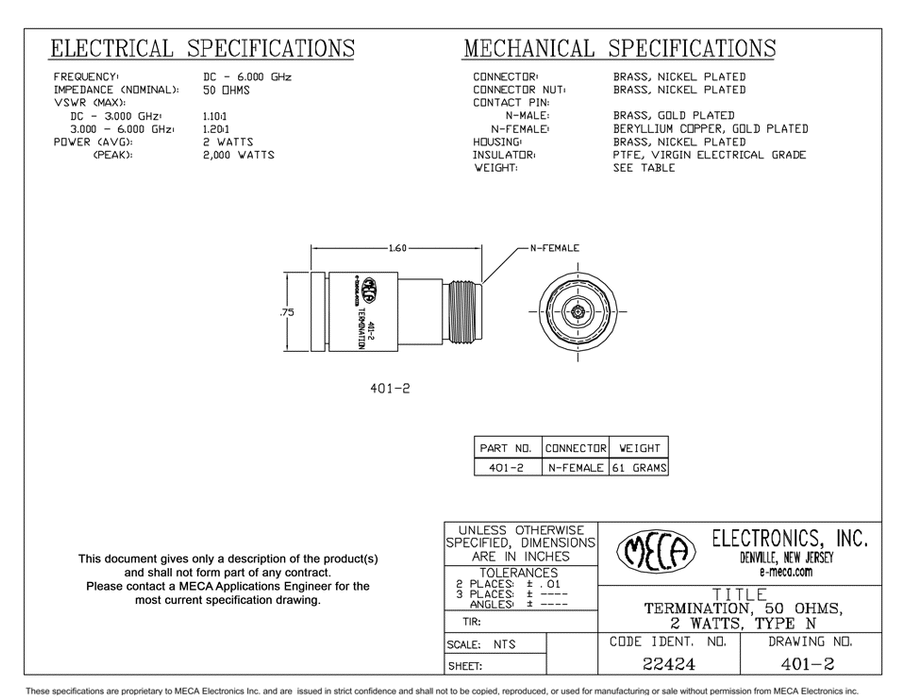 401-2 N-Female Termination electrical specs