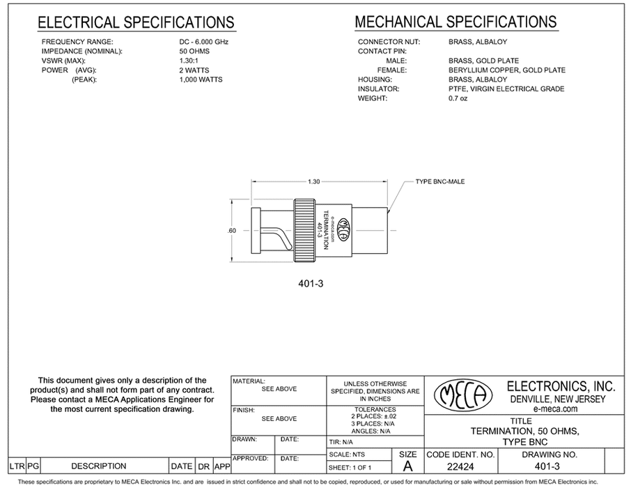 401-3 BNC-Male Terminations electrical specs